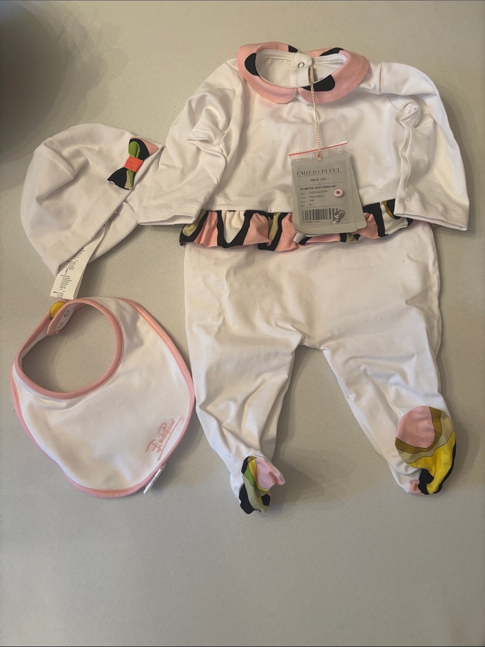Emilio Pucci White Baby Footed Romper Set with Pink and Multicolor Accents